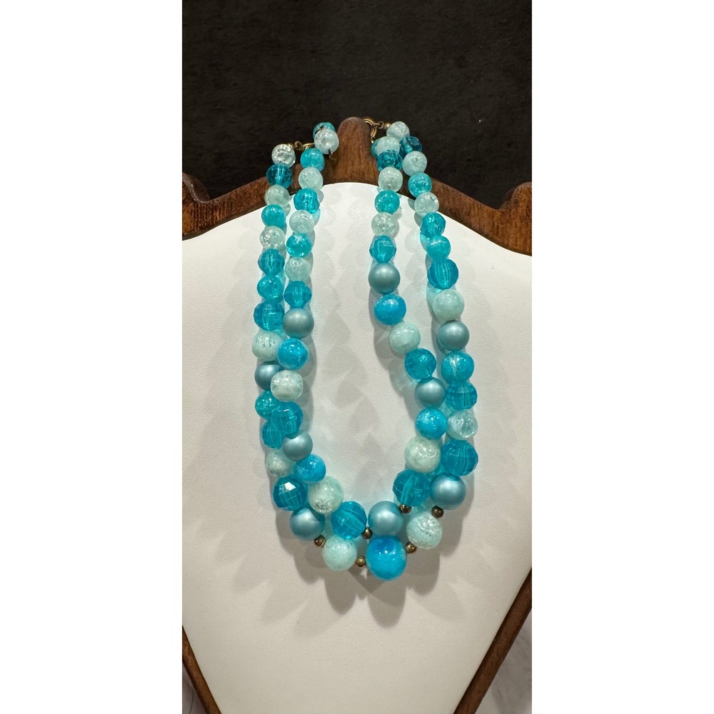Vintage Blue Beaded Double Strand Necklace Graduated Faceted Crackle Aqua Clasp
